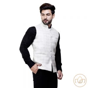 Wool Warm Nehru Jacket - Cream White Check