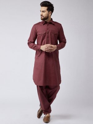 Pathani Collar Kurta Pajama For Men Maroon