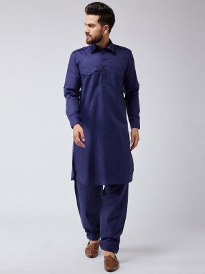 Cotton Pathani Collar Kurta Pajama For Men Blue