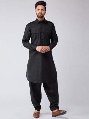 Cotton Pathani Collar Kurta Pajama For Men Black