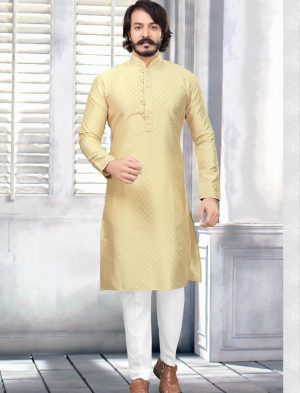 Printed Silk Kurta Pajama for Men - Golden Yellow | IndiFeels Australia