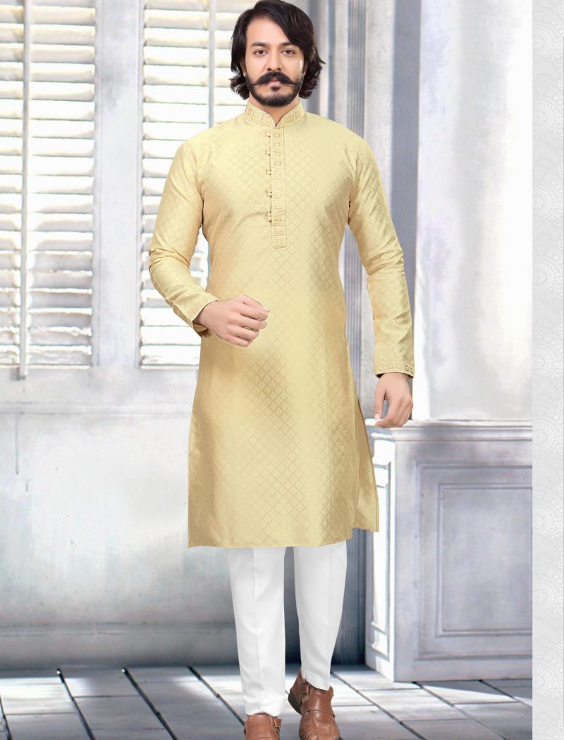 Printed Silk Kurta Pajama for Men - Golden Yellow | IndiFeels Australia