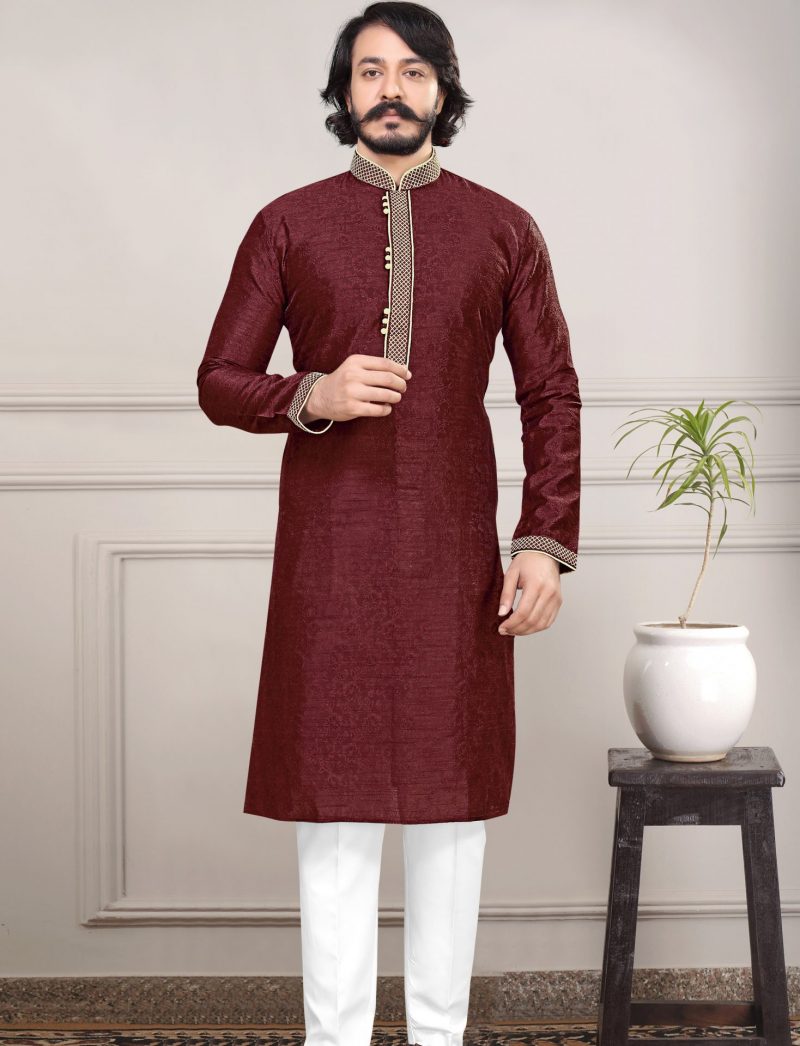 Printed Silk Kurta Pajama for Men - Maroon | IndiFeels Australia