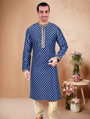 Printed Cotton Kurta Pajama for Men - Blue | IndiFeels Australia