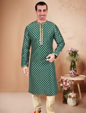 Printed Cotton Kurta Pajama for Men - Green | IndiFeels Australia