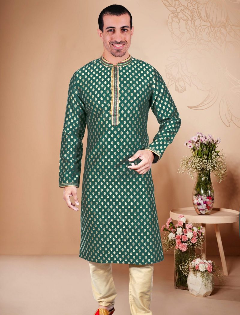 Printed Cotton Kurta Pajama for Men - Green | IndiFeels Australia