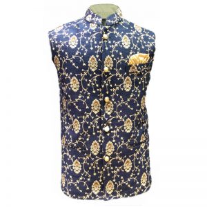 Floral Nehru Jacket - Navy Blue