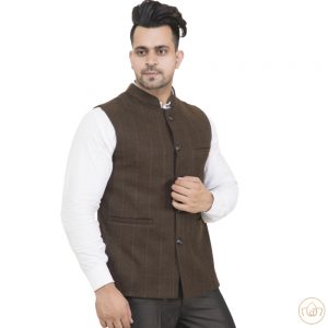 Check Nehru Jacket - Brown - Semi Woolen