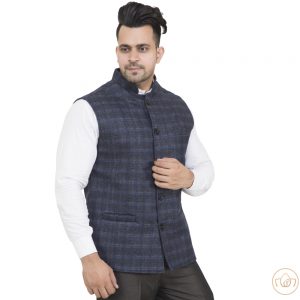 Check Nehru Jacket - Navy Blue - Semi Woolen