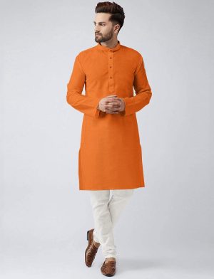Mens Plain Cotton Kurta Pyjama - Orange