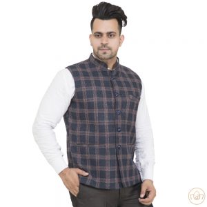 Check Nehru Jacket – Blue - Semi Woolen