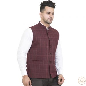 Check Nehru Jacket – Maroon - Semi Woolen