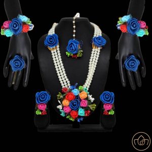 Long Floral Necklace Set With Earrings , Rings , Maang Tikka & Bracelet