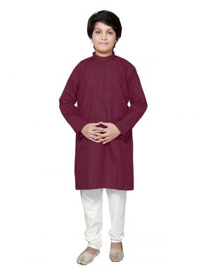 Kids Plain Cotton Kurta Pyjama - Maroon