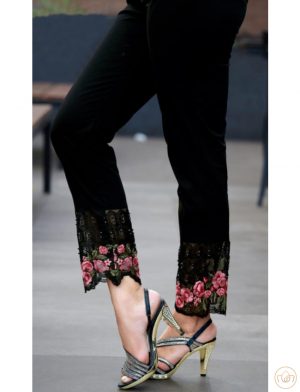 Straight Pant With Net And Floral Detailing - Black