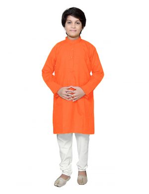 Kids Plain Cotton Kurta Pyjama – Orange