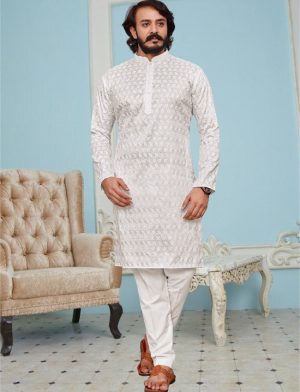 White Chikankari Kurta for Men