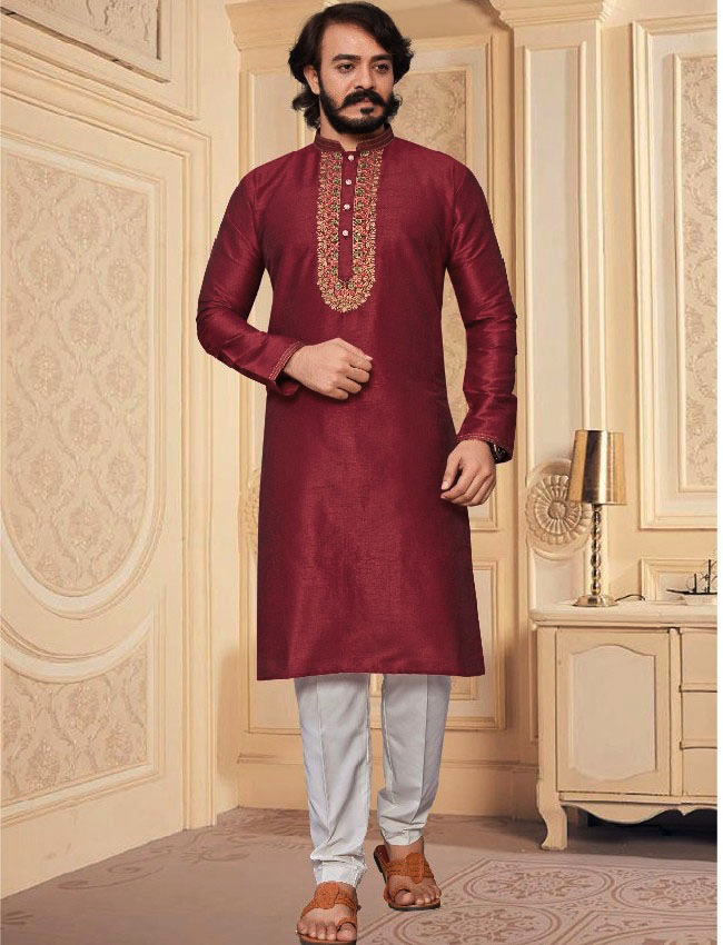 Silk Maroon Kurta Pajama for Men