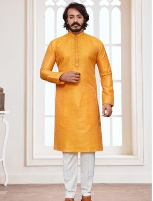 Silk Yelllow Kurta Pajama for Men