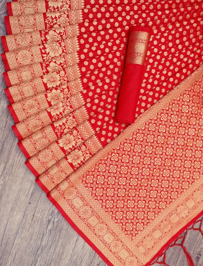 Designer Red Banarasi Saree with Fully Stitched Blouse