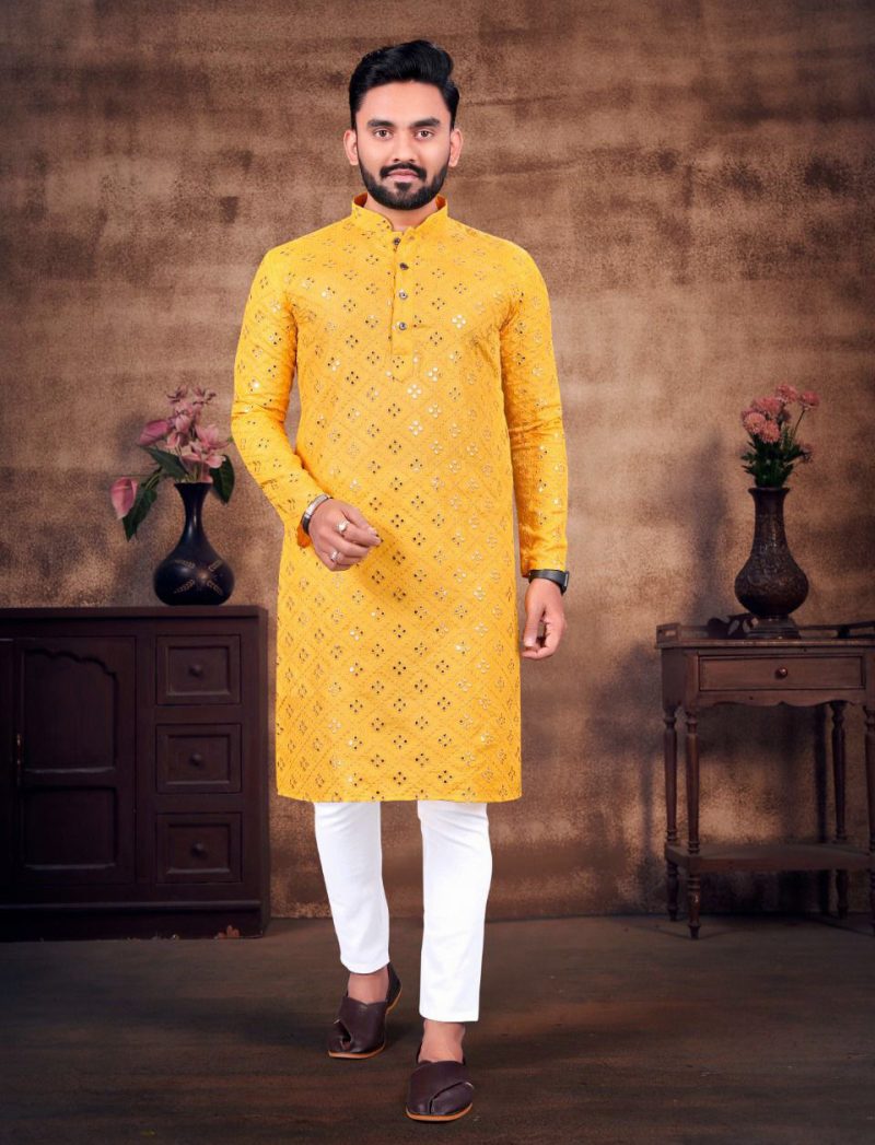 Mirror Work Design Kurta with Pajama Yellow