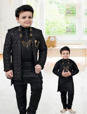 Kids Kurta Pyjama Set With Jacket - Black