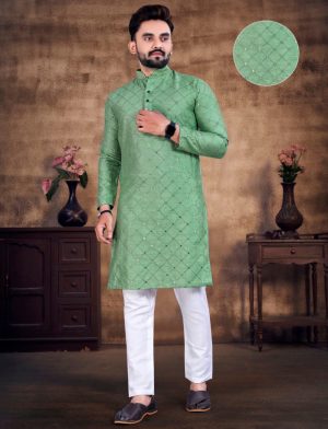 Mirror Work Kurta Pajama in Green Color