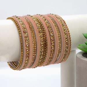 Gold Plated Peach Velvet Bangle Set