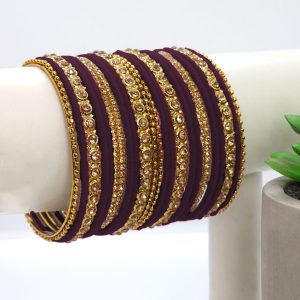 Gold Plated Maroon Velvet Bangle Set