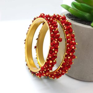 Red Metal Pearl Gold-plated Bangle Set (Pack of 2)