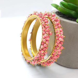 Pink Metal Pearl Gold-plated Bangle Set  (Pack of 2)