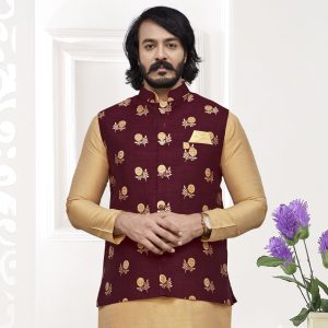 Maroon Pattern Nehru Jacket