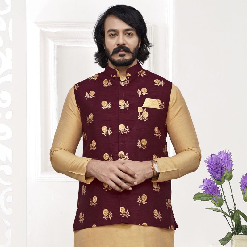 Maroon Pattern Nehru Jacket