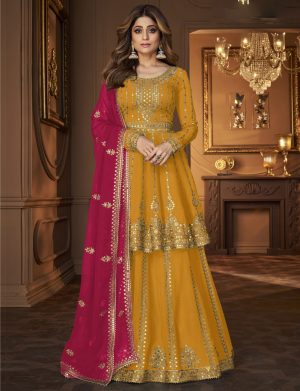 Embroidered Mustard Georgette Lehenga Suit1