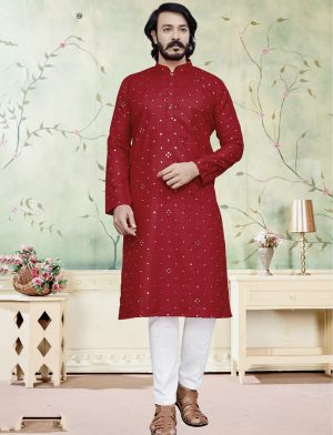 red mirror work kurta pajama