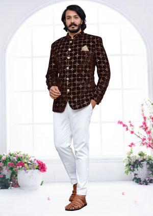 Brown Mirror Work Velvet Jodhpuri (Only Jacket)