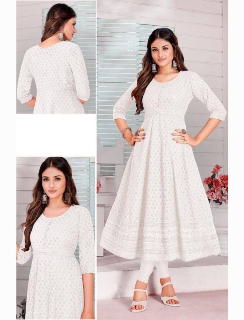 White chikankari long anarkali kurti