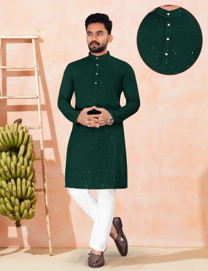 Indian Green Chiknkari Kurta for Men