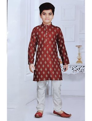 Marron Kids Printed Kurta Pyjama