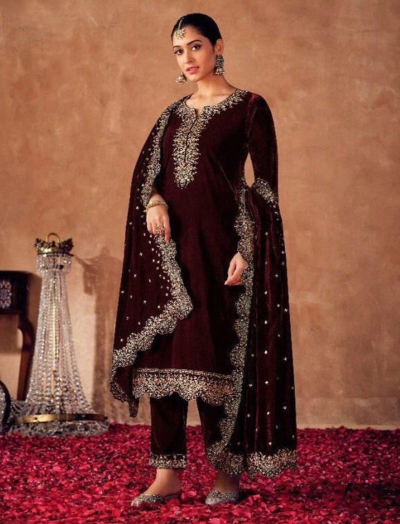Maroon Velvet Indian Suit with Golden Embroidery