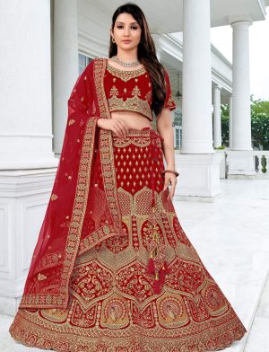 Velvet Resham Red Bridal Lehenga Choli