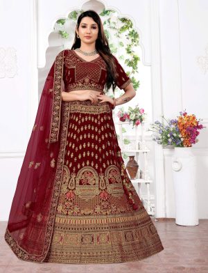 Maroon Bridal Velvet Lehenga Choli