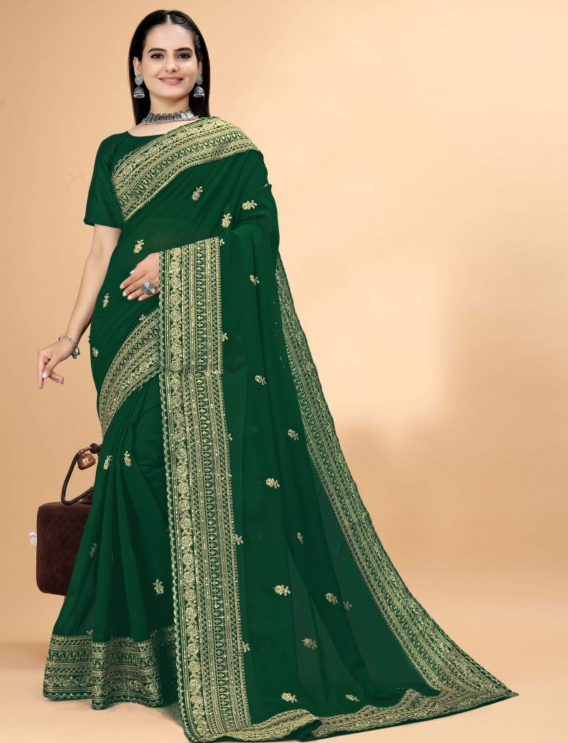 green embroidered georgette saree