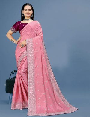 Indian Wedding Pink Saree with Fully Stitched Blouse
