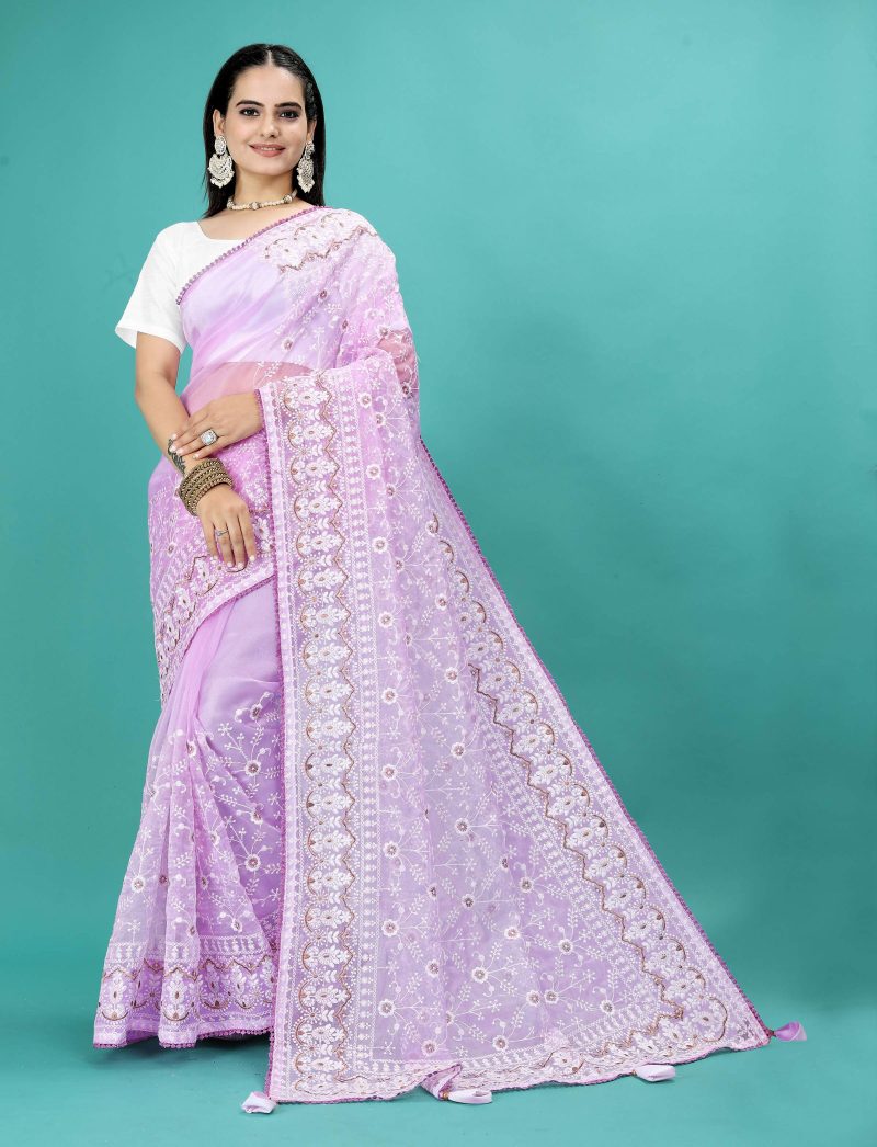 Purple Soft Organza Saree with Fully Stitched Blouse