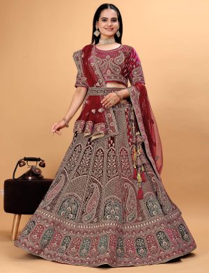 Maroon Green Velvet Bridal Lehnga