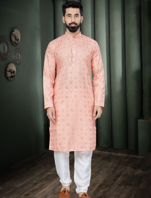 Peach Mirror Kurta Pajama for Men