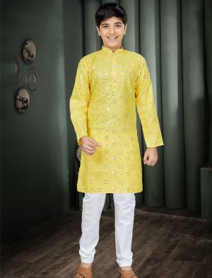 Boys Yellow Mirror Kurta Pajama