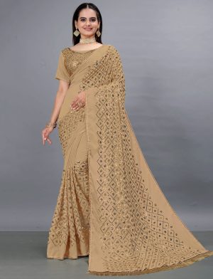 Gold Party Wear Sequin Saree with stitched blouse