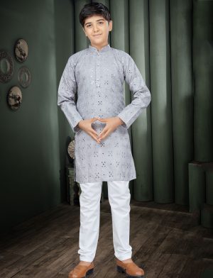 Boys Grey Mirror Kurta Pajama